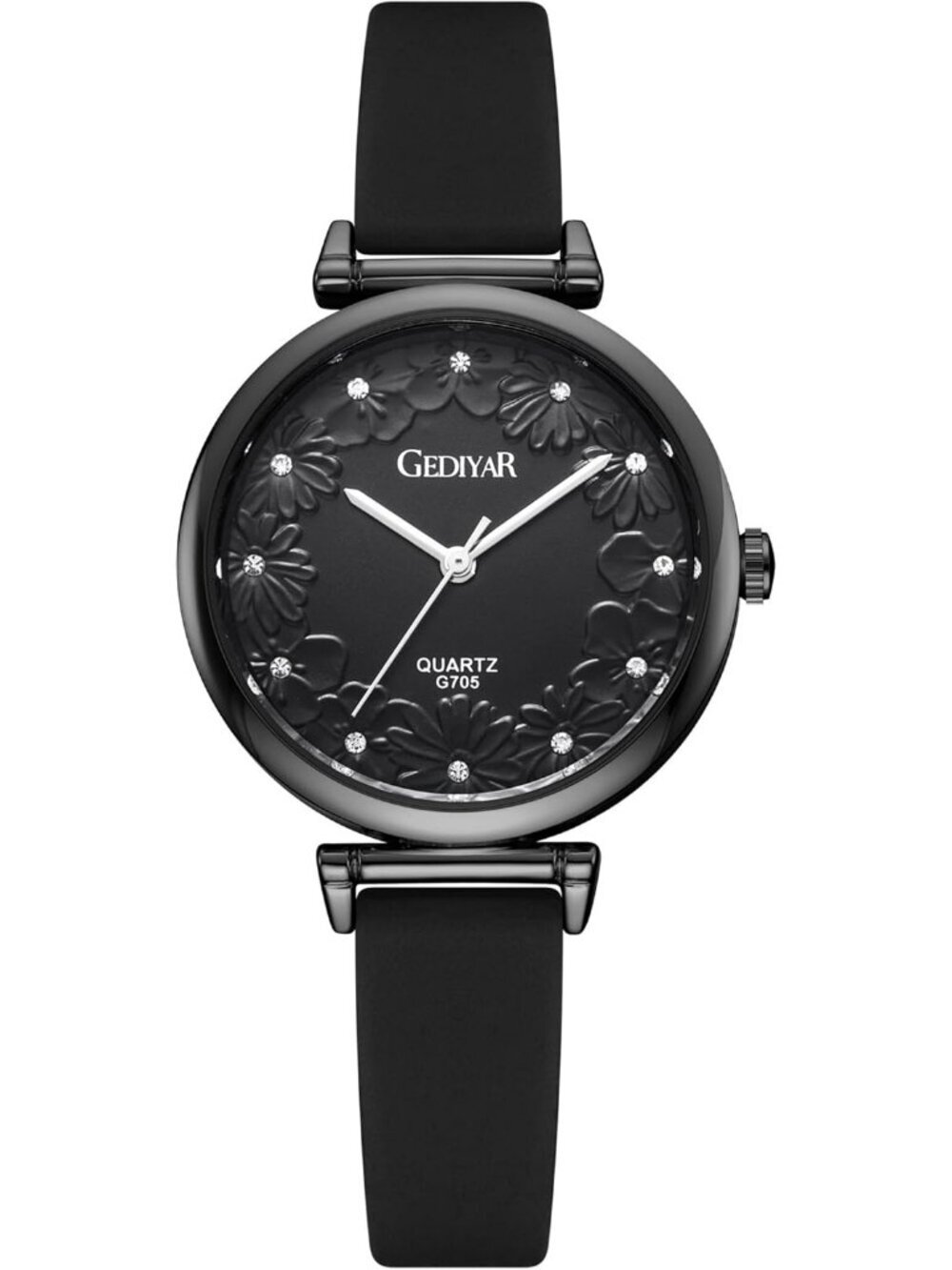 Women's All Black Quartz Silicone Band Nurses Lady Floral Pattern Crystal Watch